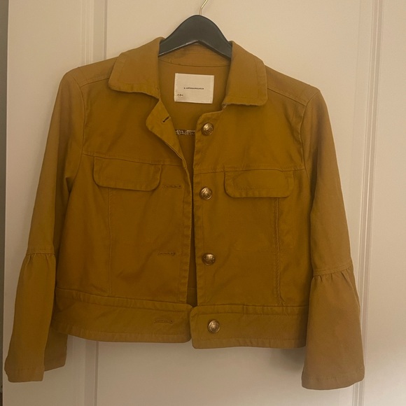 Anthropologie. NORA flounce sleeve trucker cropped jacket in mustard yellow - Picture 2 of 10